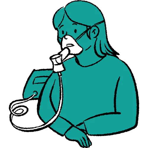 A severe asthma patient is takes breath through inhaler